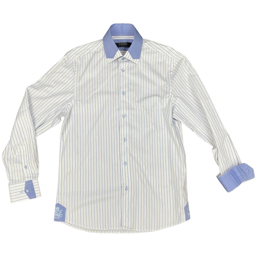 COOGIE LUXE Dress Shirt Mens M 15.5/16 White Blue Striped L/S Flip Cuff Logo